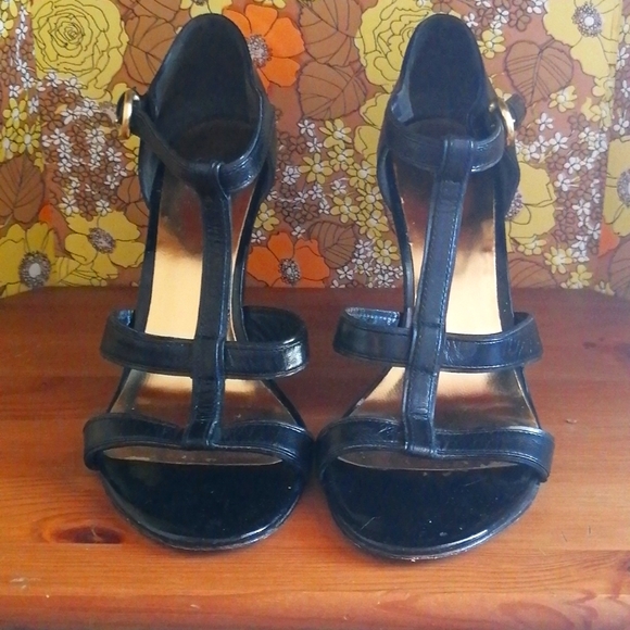 COACH Black Leather wedge heels open SANDALS 8 B - Picture 2 of 5